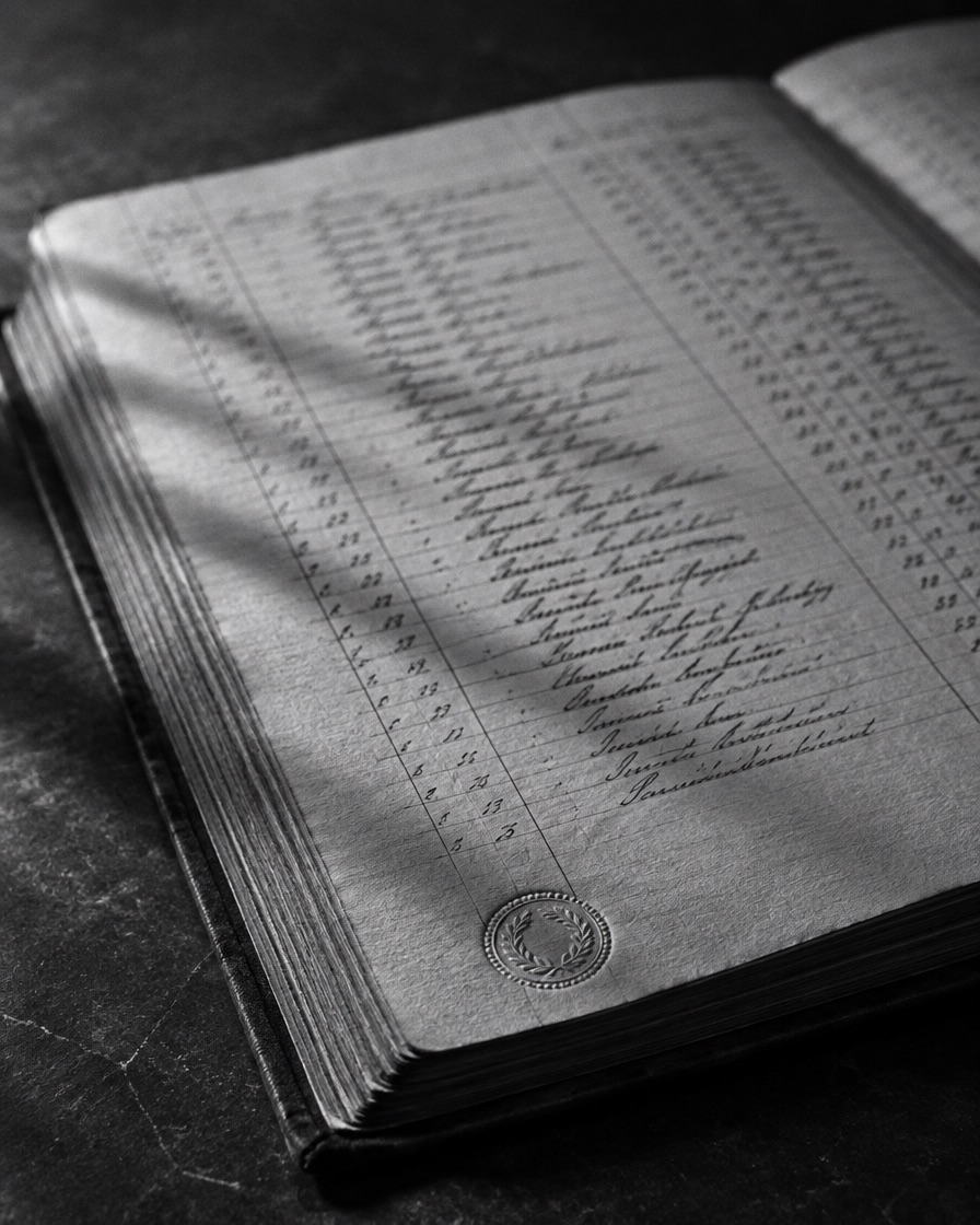 A bound archival ledger lying open, one page pressed with an embossed seal, photographed in black and white.